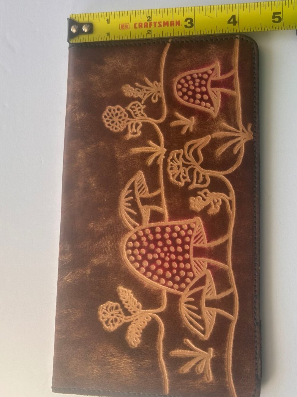 Artisan Brown Hand-Tooled Leather Checkbook Cover/Long Wallet Boho Mushroom - Picture 4 of 8